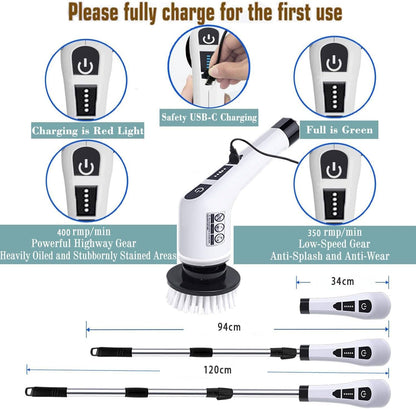 Cordless Electric Spin Scrubber with 9 Replaceable Brush Heads, Dual Speed Power Scrubber for Tub, Floor, and Tile Cleaning, Adjustable Detachable Handle for Bathroom, Kitchen, and Car Use