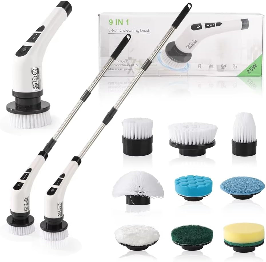 Cordless Electric Spin Scrubber with 9 Replaceable Brush Heads, Dual Speed Power Scrubber for Tub, Floor, and Tile Cleaning, Adjustable Detachable Handle for Bathroom, Kitchen, and Car Use
