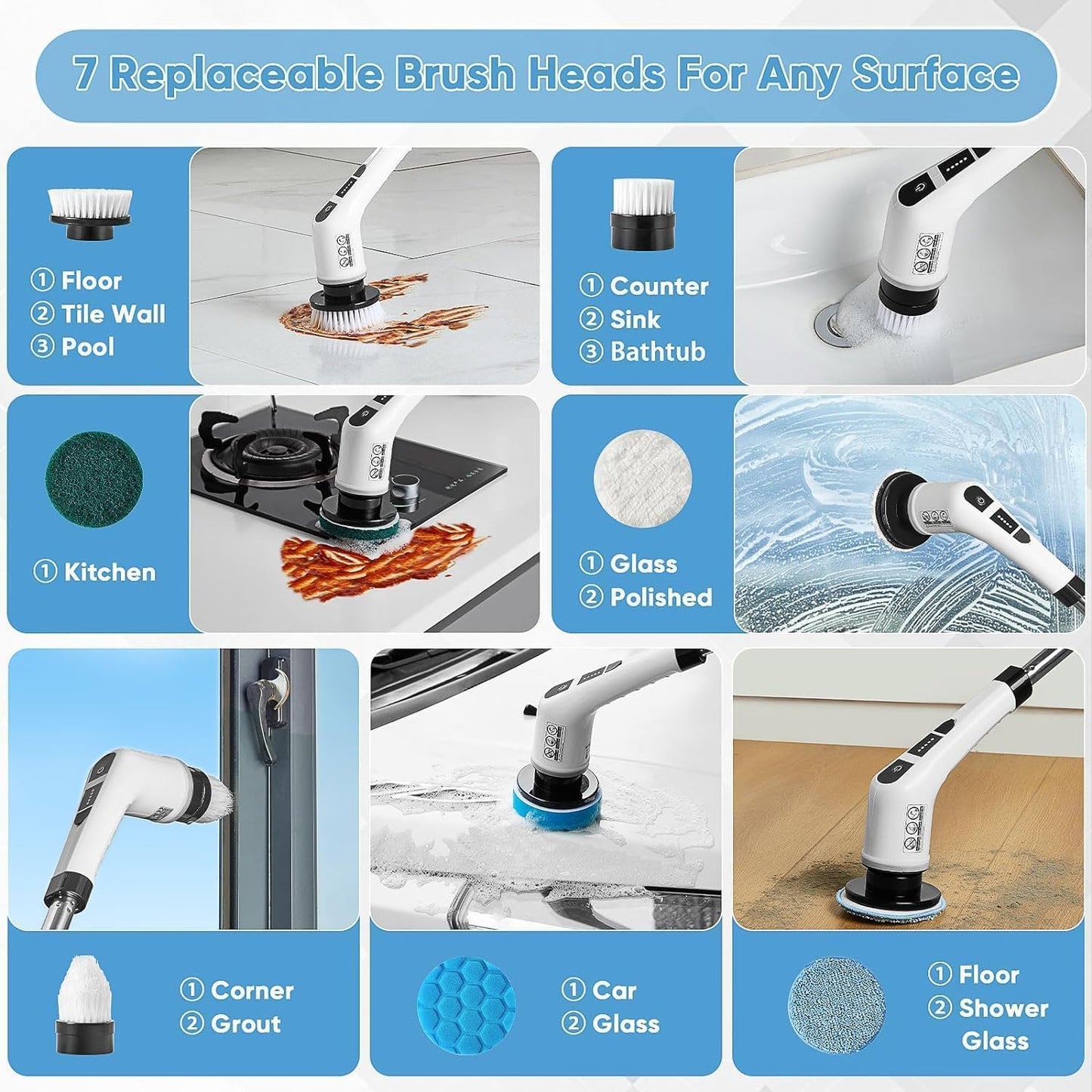 Cordless Electric Spin Scrubber with 9 Replaceable Brush Heads, Dual Speed Power Scrubber for Tub, Floor, and Tile Cleaning, Adjustable Detachable Handle for Bathroom, Kitchen, and Car Use