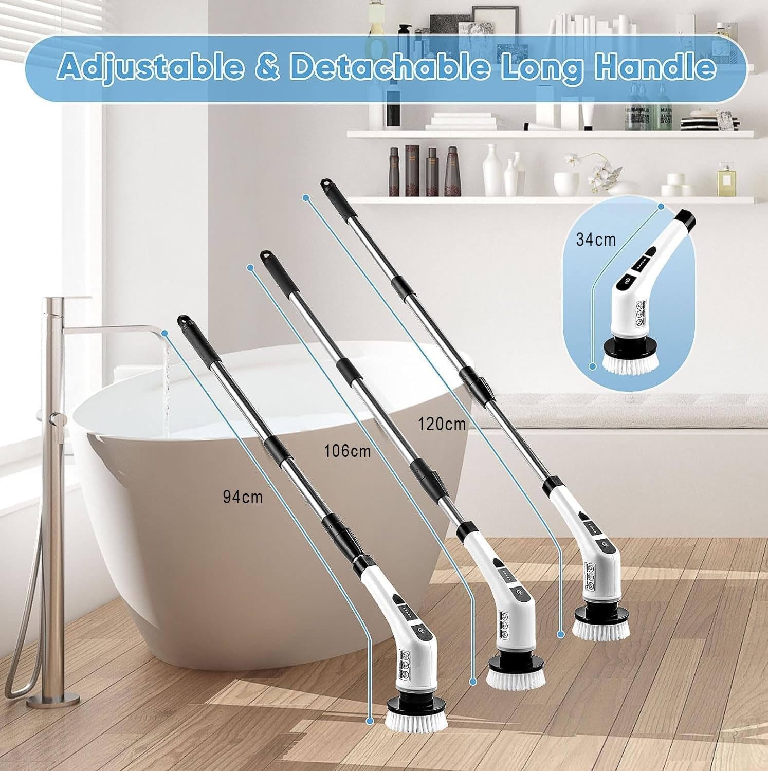 Cordless Electric Spin Scrubber with 9 Replaceable Brush Heads, Dual Speed Power Scrubber for Tub, Floor, and Tile Cleaning, Adjustable Detachable Handle for Bathroom, Kitchen, and Car Use